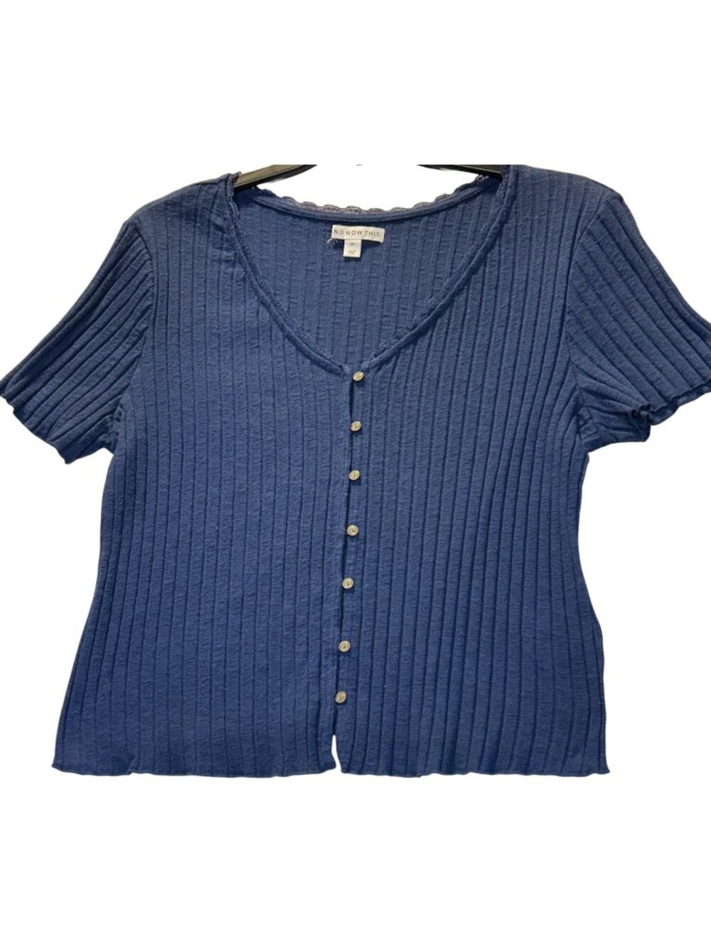 And Now This Womens 2X Ribbed Button-Front Lace Knit Top Dark Blue Short Sleeve